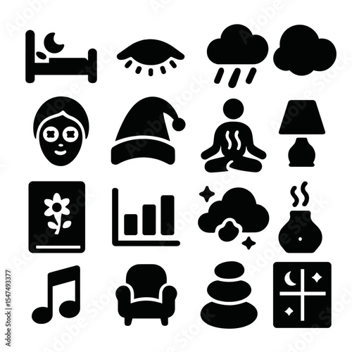 Sleep and Relaxation Icons. Solid style icons of sleep and relaxation: bed with moon symbol, eye icon with closed lashes, rain
