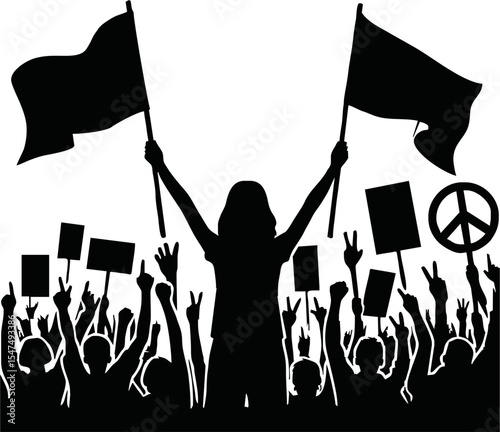 Group of people protesters vector silhouette illustration isolated. Man hand holding sign. Empty banner plate. Blank protest flag. Political agitation campaign. Demonstration social laborers rights
