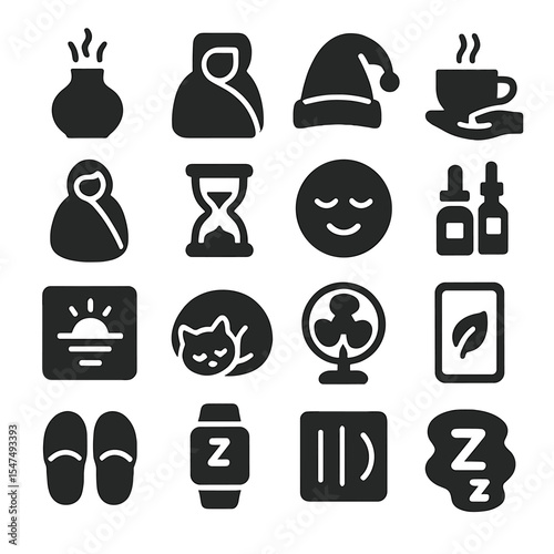 Sleep and Relaxation Icons. Solid style icons of sleep and relaxation: scent diffuser with glow, warmth icon with blanket,