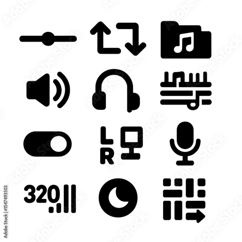 Music Player Icons. Solid style icons of music player interface: song progress scrubber, queue reorder arrows, playlist folder