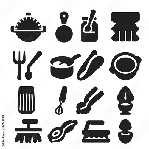 Kitchen Utensils Icons. Solid style icons of kitchen utensils: dumpling press, cookie dough cutter, spice jar spoon, bento divider
