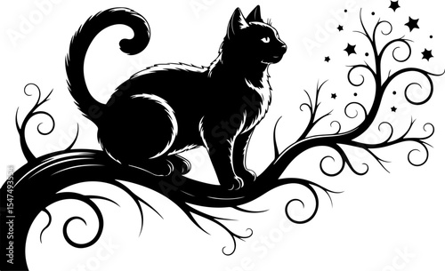 Animal  Whimsical Cats and Birds in Trees Silhouette vector