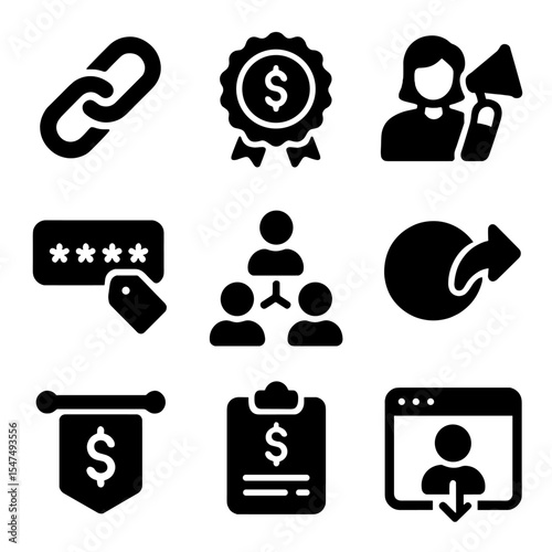 Affiliate Marketing Icons. Solid style icons of affiliate marketing: affiliate link, commission badge, influencer promo, promo