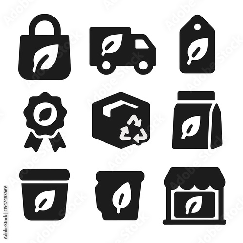 Eco-Friendly Shopping Icons. Solid style icons of eco-friendly shopping: reusable bag, carbon-neutral delivery, eco-tag, green