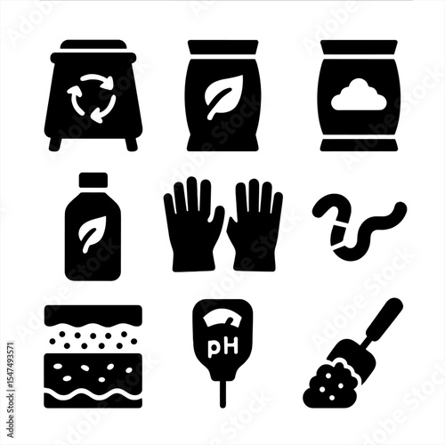 Composting and Soil Icons. Solid style icons of composting and soil care: compost bin, mulch bag, soil bag, organic fertilizer,
