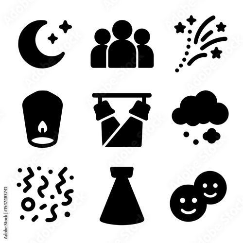 Moonlit Festive Celebration. Solid style icons of evening celebration scene: moonlight sky, crowd silhouette, fireworks trail,