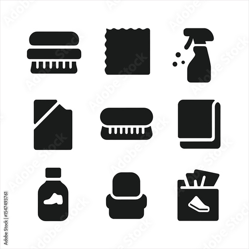 Shoe Cleaning Kit. Solid style icons of shoe cleaning tools: shoe brush, polishing cloth, cleaning spray, suede eraser, bristle