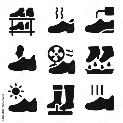 Shoe Drying Methods. Solid style icons of shoe drying: drying rack, air dry icon, electric dryer, towel stuffed shoe, fan dry,