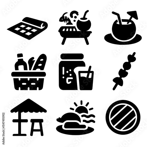 Beachside Dining Icons. Solid style icons of beachside dining: picnic mat, seafood grill, coconut drink tray, snack basket, juice