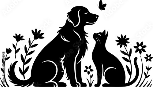 Animal  Whimsical Cats and Birds in Trees Silhouette vector