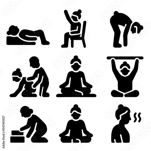 Senior Yoga Icons. Solid style icons of yoga for seniors: supported pose, chair yoga, gentle bend, guided assist, low-impact mat,