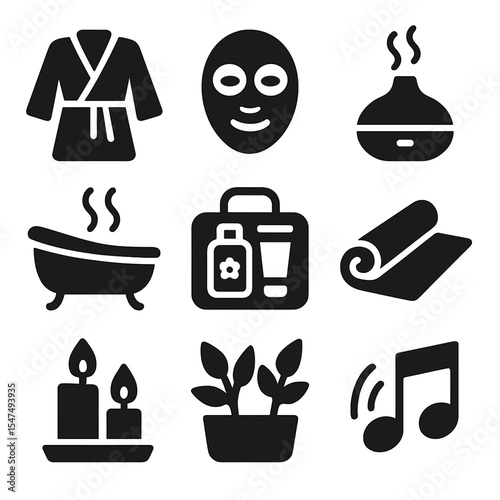 Home Wellness Icons. Solid style icons of home wellness: bathrobe, face mask, essential oil diffuser, warm bath, self-care kit,