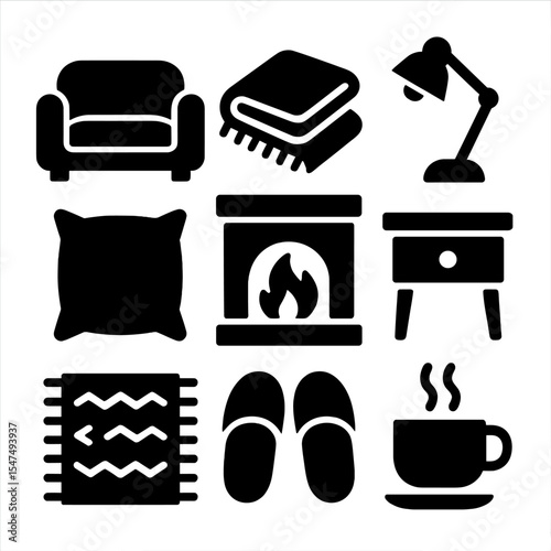 Cozy Living Room Icons. Solid style icons of cozy living room: comfy sofa, warm blanket, reading lamp, throw pillow, fireplace,