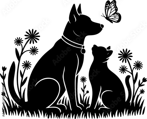 Animal  Whimsical Cats and Birds in Trees Silhouette vector