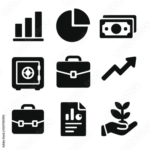 Finance Icons Set. Solid style icons of business and finance: bar chart, pie chart, banknote stack, safe box, briefcase, growth
