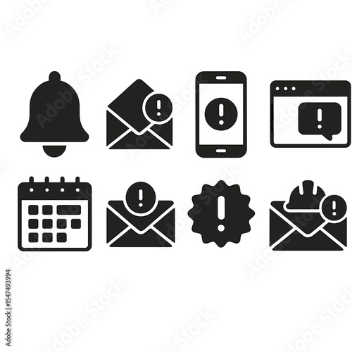 Contractor License Alerts Icons. Solid style icons of contractor license renewal alerts: notification bell, envelope with alert,