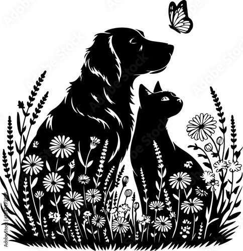 Animal  Whimsical Cats and Birds in Trees Silhouette vector