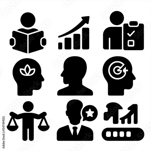 Personal Development Icons. Solid style icons of personal development: book reading, growth arrow, self-assessment, goal setting,