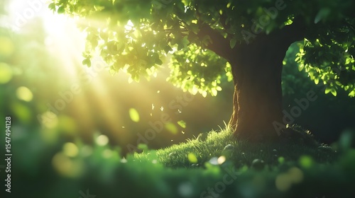 Sunlit Tree in Lush Green Meadow, sunlight, sunbeams, leaves, grass, nature