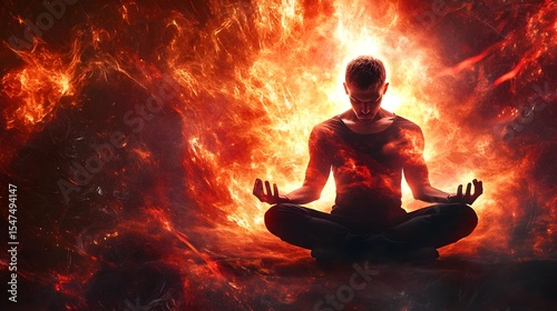 Man Meditating in a Firestorm, flames, inferno, blaze, burning, heat