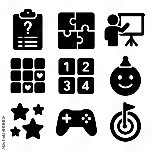 Educational Game Icons. Solid style icons of educational games: quiz icon, puzzle game, interactive board, match game, number