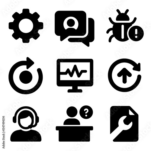 Tech Support Icons. Solid style icons of tech support: gear icon, live chat, bug report, system reset, diagnostic screen, update