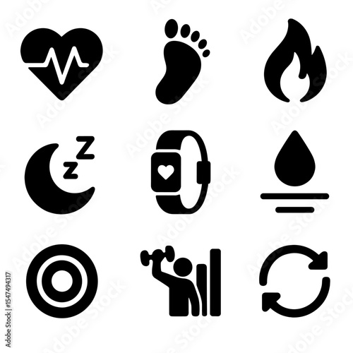 Smart Fitness Icons. Solid style icons of smart fitness tracking: heart rate sensor, steps tracker, calories icon, sleep monitor,