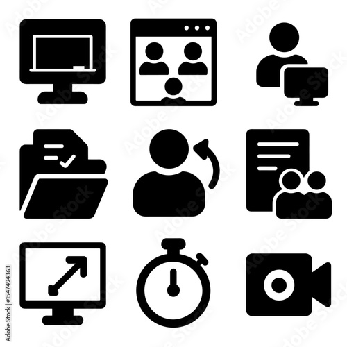 Virtual Classroom Icons. Solid style icons of virtual classrooms: online blackboard, breakout room, class join icon, assignment