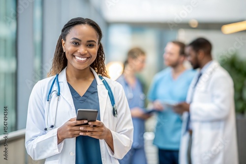 A smiling doctor holds a phone in a hospital setting. A warm and inviting image capturing a healthcare professional