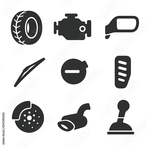 Vehicle Parts Icons. Solid style icons of vehicle parts: car tire, engine block, side mirror, windshield wiper, fuel cap, tail