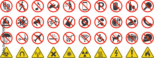 Collection of different prohibition, ban signs and symbols. Yellow road signs. Vector