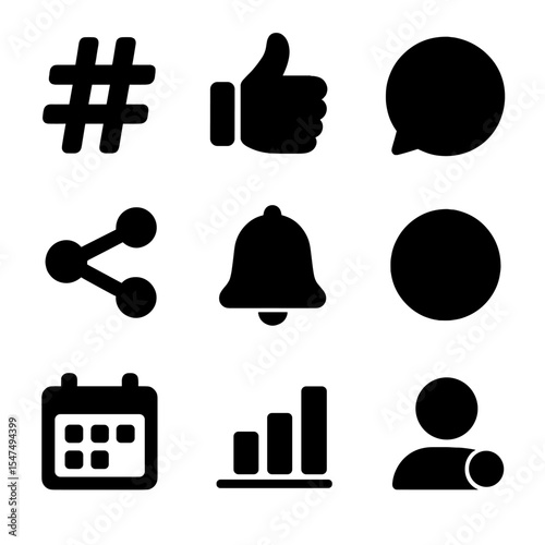 Social Media Icons. Solid style icons of social media tools: hashtag icon, like button, comment icon, share icon, notification