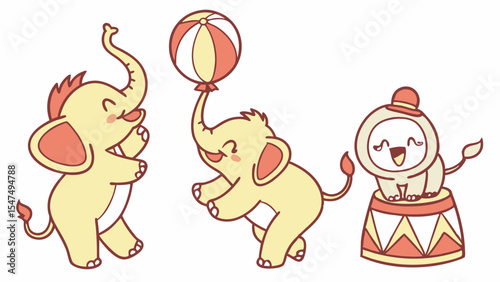 Cute cartoon circus animals show performance. Happy elephants playing ball and adorable lion on drum. Fun kids entertainment vector.
