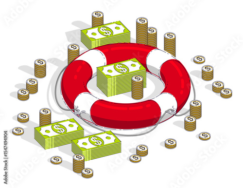 Insurance concept, Life buoy lifebelt with cash money dollar stack and coins isolated on white background. Vector 3d isometric business and finance illustration, thin line design.