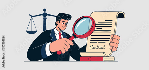 lawyer reviewing corporate contract scroll with magnifying glass and justice scales, vector illustration for b2b legal services, document analysis and due diligence