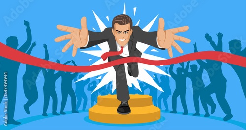 competitive businessman breaking finish line tape onto winner's podium, vector illustration for achieving business goals, competitive success and corporate victory