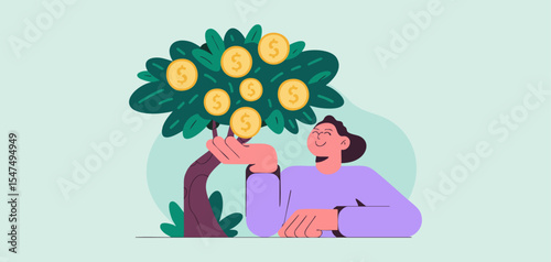 investor collecting dollar coins from money tree, vector illustration for dividend income, passive investment returns and financial growth strategy
