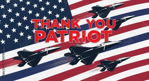 Patriotic Tribute: Modern Jet Fighters Fly in Formation Against American Flag Backdrop, Honoring National Service and Dedication to Freedom