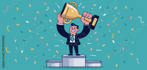 successful businessman holding gold trophy aloft on winner's podium, vector illustration for business achievement, award recognition and victory celebration
