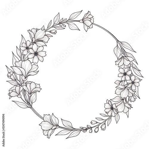 Elegant Floral Circle Frame Vector Illustration, Delicate Botanical Wreath Border with Hand-Drawn Flowers and Leaves for Wedding Invitations and Greeting Cards