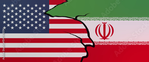 USA and Iran flags with ripped on a cracked wall. Iran and United States flags showing government aggression and disagreement
