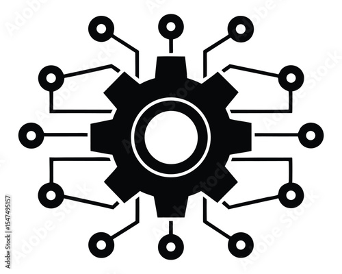 Conceptual illustration of digital gear and circuitry symbolizing technological processes. gear, circuit, circuit board, technology, digital.
