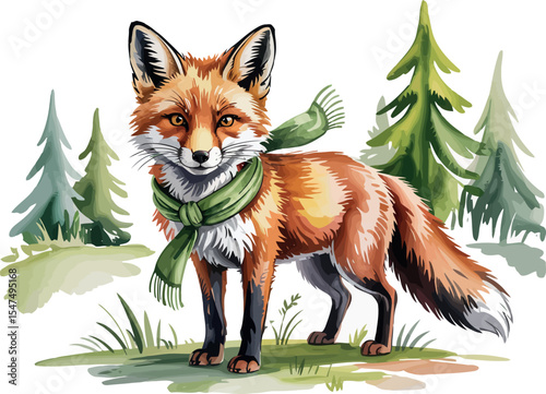 a charming fox. The fox is standing in a forest setting. It is wearing a green scarf.