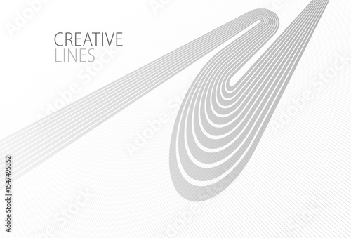 Lines in perspective vector abstract background in light grey and white monochrome, 3D dimensional stripes with smooth gradient and wavy motion.