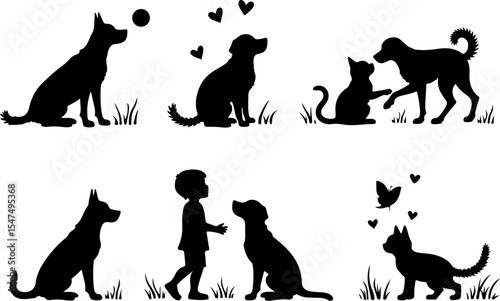 Children and Pets Silhouettes Set vector bundle