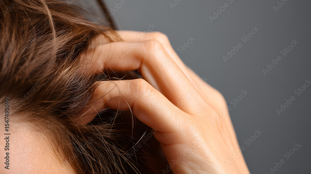 Fototapeta premium Close-up of a woman's hand gently running through her wavy brown hair, showcasing soft textures and natural beauty.