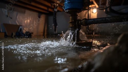 A sump pump working in a flooded basement, sending water upward in dramatic splashes, showcasing resilience against water damage.