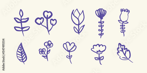 Simple decorative flowers with thin stems and natural petal flow Vector art illustration isolated transparent background