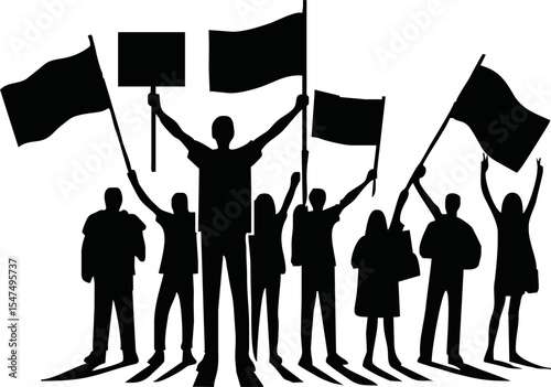 Group of people protesters vector silhouette illustration isolated. Man hand holding sign. Empty banner plate. Blank protest flag. Political agitation campaign. Demonstration social laborers rights