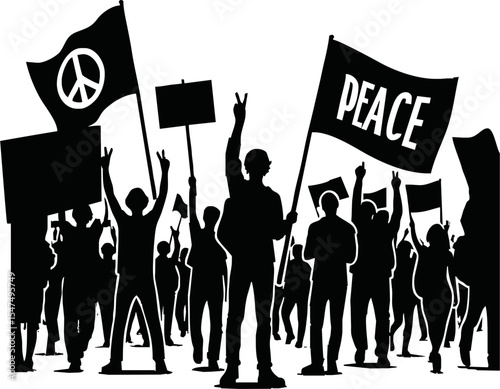 Group of people protesters vector silhouette illustration isolated. Man hand holding sign. Empty banner plate. Blank protest flag. Political agitation campaign. Demonstration social laborers rights